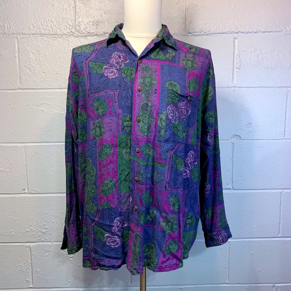High Advantage Mens XL Vintage 90s Rayon Floral Abstract Button Up Shirt Purple